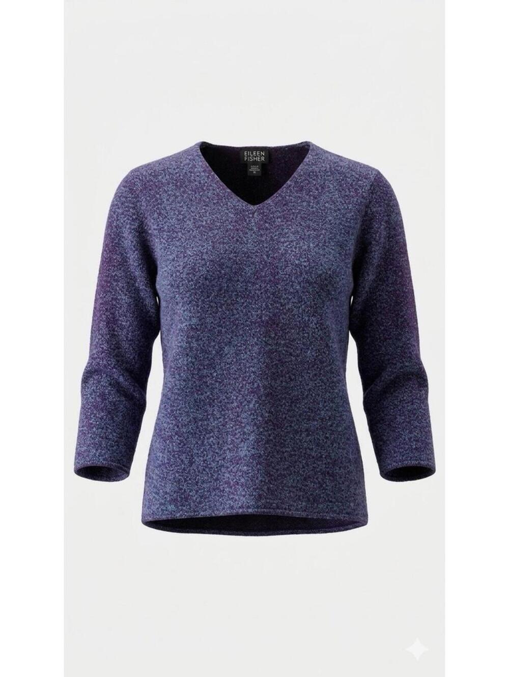 Eileen Fisher Sweater Women Small Blue Purple Speckle Merino Wool VNeck Pullover